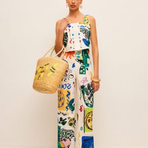 Graphic Print Crop Top With Wide-Leg Pants Set