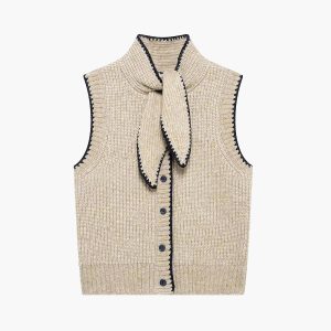 Tie Neck Contrast Trim Button Sweater Vest