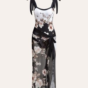 Floral Tie-Shoulder One-Piece Swimsuit With Cover-Up