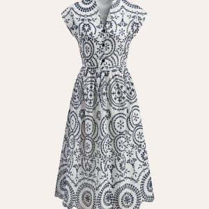 Embroidered V-Neck Belted Dress