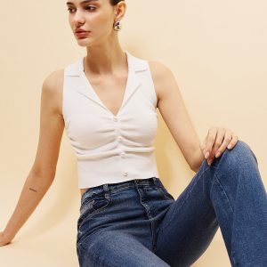 Sleeveless Button-Front Crop Sweater Vest