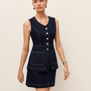 Denim Button-Front Vest With Pockets