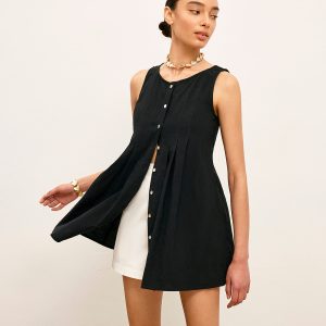 Cotton & Linen Pleated Button-Up Top