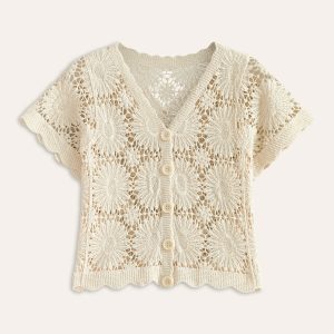Crochet Floral Button-Front Cardigan