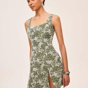 Floral Print Square Neck Dress With Side Slit