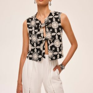 Embroidered Cotton Tie-Front Vest