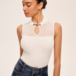 Mesh Detail Keyhole Neck Ribbed Top