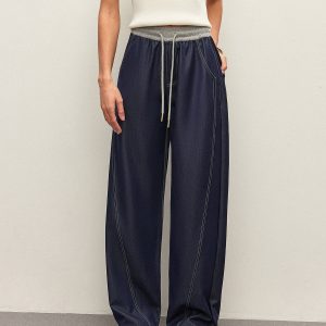 High-Waist Drawstring Denim Pants With Pockets