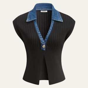 Denim Trim Ribbed Knit Top