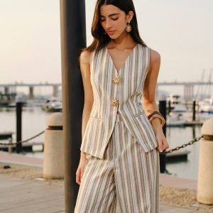 Linen & Cotton Metal Detail V- Neck Striped Vest