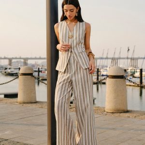 Linen & Cotton Mid-Waist Striped Wide-Leg Pants