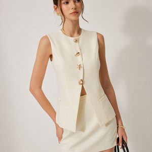Button Detail Pockets Skirt Set