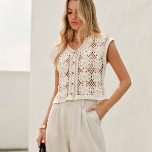 Semi-Sheer Jacquard Cut-Out V-Neck Tank Top