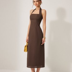 Cotton & Linen Halter Backless Split Dress