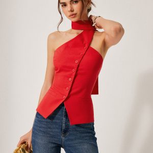 Cotton & Linen Halter Top With Decor Pockets