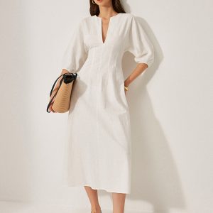 Cotton & Linen Puff Sleeve Dress Without Belt