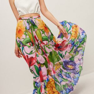 Semi-Sheer Floral Print Belted Chiffon Skirt