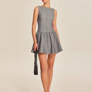 Button Front Pleated Sleeveless Dress