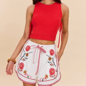 Cotton & Linen Floral Embroidered Shorts With Drawstring Waist