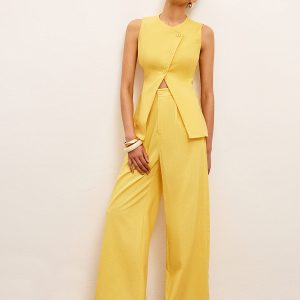Linen & Cotton Mid-Waist Dress Pants