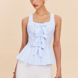 Striped Peplum Top With Bow Details