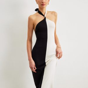 Color Block Halter Knotted Backless Long Dress
