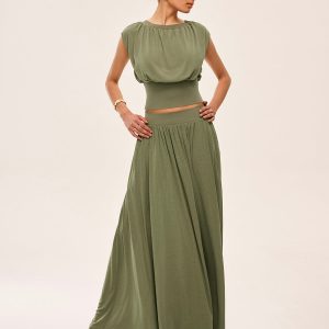 Gathered Waist Top With Flowy Skirt Set