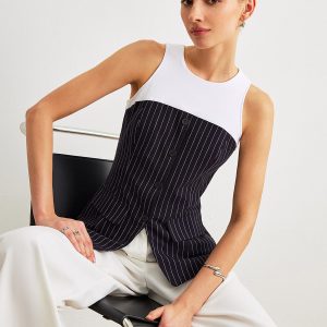 Pinstripe Button Detail Top With Decor Pockets