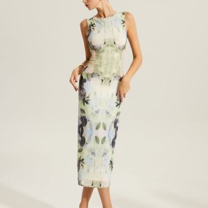 Floral Print Sleeveless Mesh Dress