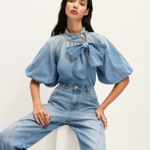 Denim Puff-Sleeve Top With Bow Detail