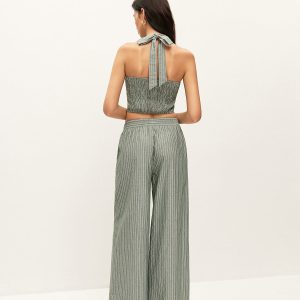 Striped Button-Detail Halter Top With Pants Set