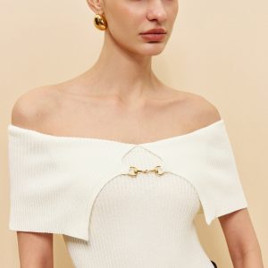 Off-Shoulder Chain Detail Ribbed Knit Top