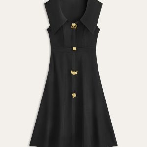 Wide Collar Button-Down Pleated Dress