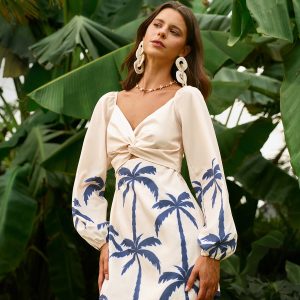 Long Sleeve Twist Front Print Dress