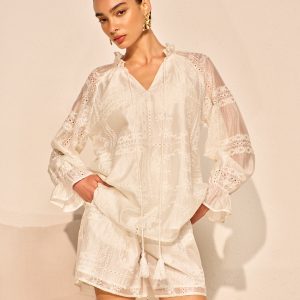 Embroidery Detail Long Sleeve Shorts Set