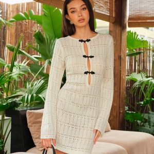 Keyhole Detail Bow Accents Knit Dress
