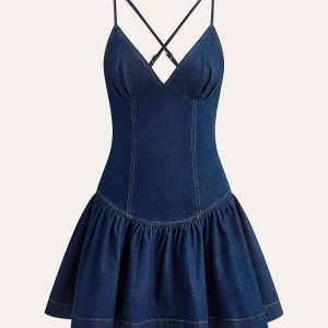 Cross-Back Denim Flared Dress