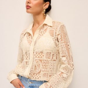 Long-Sleeve Lace Polo Collar Cotton-Blend Shirt