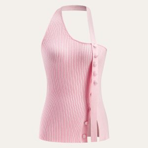 Asymmetrical Halter Button Knit Top