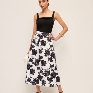 Floral Print Button-Front A-Line Skirt