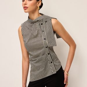Asymmetric Neck Gingham Button Top