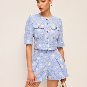 Floral Embroidered Button-Front Cropped Top