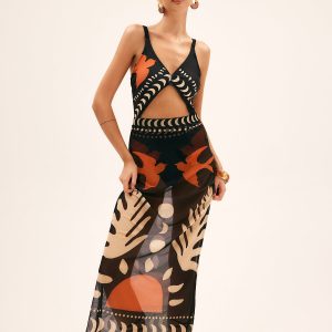 Bird Print Mesh Cover Up Maxi Skirt