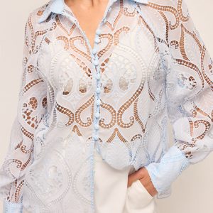 Sheer Lace Blouse With Cloth Button