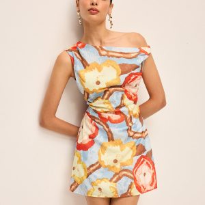 Asymmetric Neck Belted Print Dress
