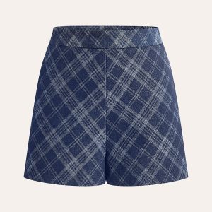 Checkered Print Mid-Waist Denim Short