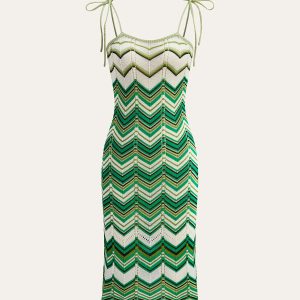 Chevron-Patterned Tie-Strap Knit Midi Dress