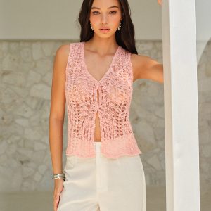 V-Neck Semi-Sheer Sleeveless Vest