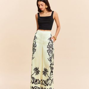 High-Waist Tropical Print Satin Pants