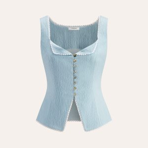 Button-Front Lace Trimmed Top